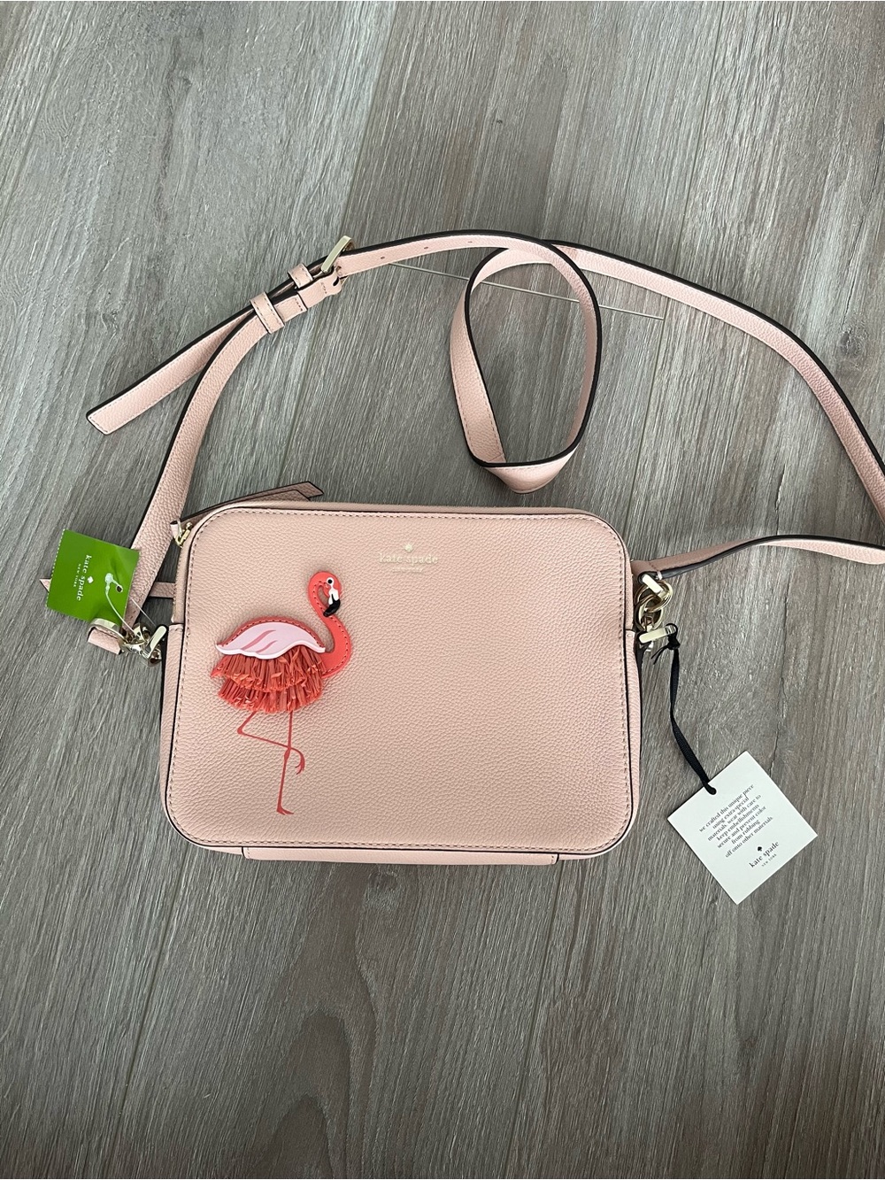 kate spade blush pink leather crossbody with flamingo applique